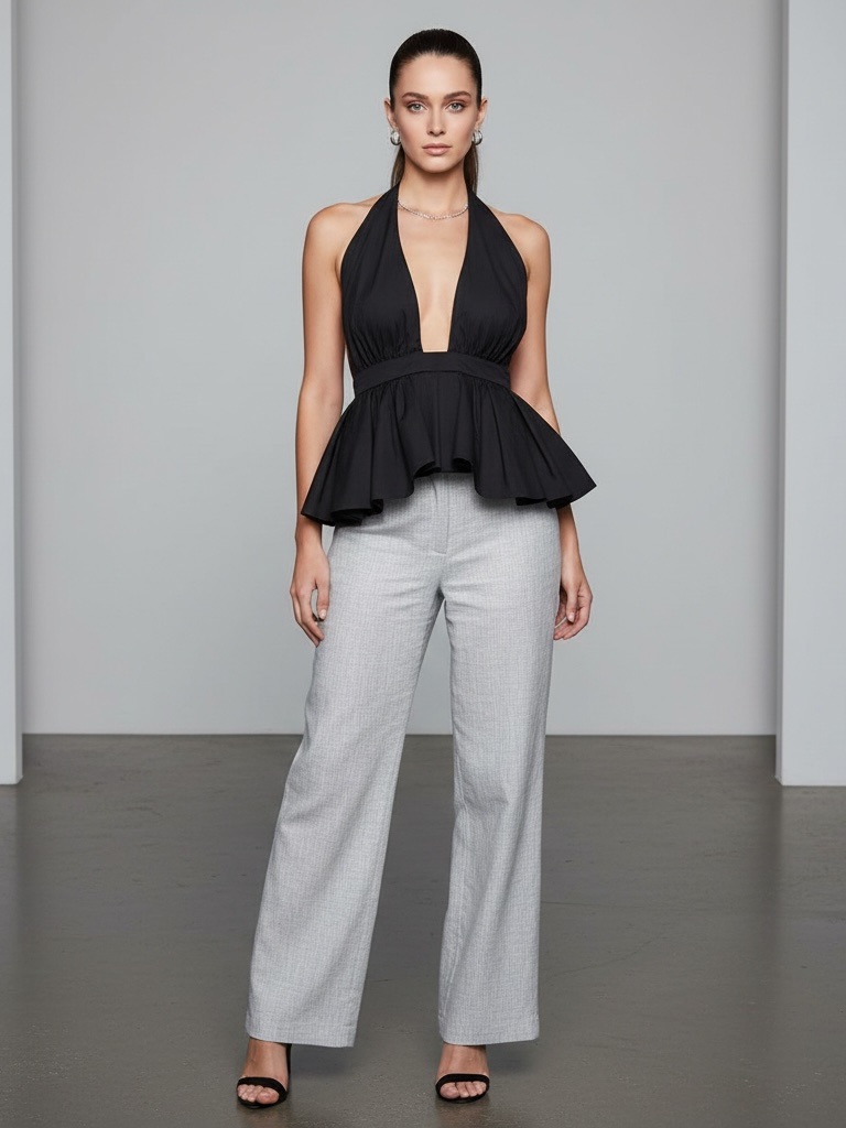 New Black Halter Peplum Party Top Size L Bow Detail